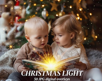 50 Christmas Light Overlays Fairy Shine Overlay for Photoshop New Year Overlays Xmas Glowing Stars Gold Stars Overlays Digital Sparkles JPG