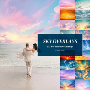May include: A couple walks on a beach under a pastel sky. The image features a collection of sky overlays with text that reads "SKY OVERLAYS" and "222 JPG Premium Overlays". The sky overlays showcase various sunset and cloud formations.