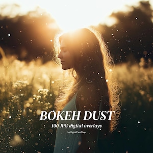 May include: A woman with long blonde hair stands in a field of tall grass with a blurred background. The sun is shining brightly behind her, creating a bokeh effect. The text "Bokeh Dust 100 JPG digital overlays by DigitalCareShop" is visible at the bottom of the image.