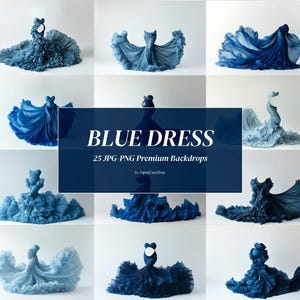 Può includere: Un set di 25 sfondi digitali che presentano un abito blu con una gonna fluida. Gli sfondi sono perfetti per fotografi e grafici che desiderano creare immagini belle e uniche.