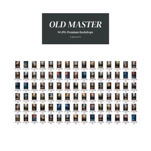 Puede incluir: Una colecci&oacute;n de 90 fondos digitales en formato JPG, que presentan una variedad de estilos abstractos, texturizados y pintados. Los fondos son en tonos apagados de azul, marr&oacute;n, naranja y amarillo, con una est&eacute;tica borrosa y vintage. El texto "OLD MASTER" y "90 JPG Premium Backdrops" se muestra en la parte superior de la imagen.