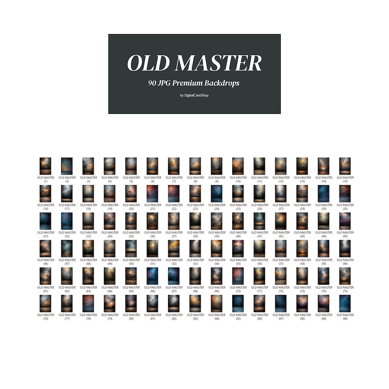 Puede incluir: Una colecci&oacute;n de 90 fondos digitales en formato JPG, que presentan una variedad de estilos abstractos, texturizados y pintados. Los fondos son en tonos apagados de azul, marr&oacute;n, naranja y amarillo, con una est&eacute;tica borrosa y vintage. El texto "OLD MASTER" y "90 JPG Premium Backdrops" se muestra en la parte superior de la imagen.