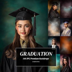May include: A composite image featuring a young person in a graduation cap and gown, with a dark green backdrop. The image includes the text "GRADUATION" and "140 JPG Premium Backdrops". Additional images of graduates are also included.