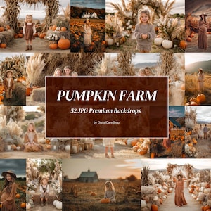 May include: A collage of images featuring a pumpkin farm theme. The images showcase children, adults, and pumpkins in various settings. Text in the center reads "PUMPKIN FARM" and "52 JPG Premium Backdrops by DigitalCareShop."