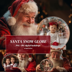 4 Sfondi digitali con globo di neve di Babbo Natale, Babbo Natale che tiene in mano un globo di neve, sfondo digitale natalizio, fotografia di globo di neve di Natale PNG JPG