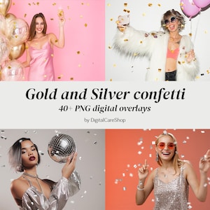 Könnte beinhalten: Ein Set mit über 40 digitalen Überlagerungen mit goldenen und silbernen Konfetti. Die Überlagerungen sind im PNG-Format und können verwendet werden, um Fotos und Videos einen festlichen Touch zu verleihen.