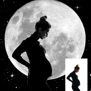 May include: A black silhouette of a pregnant person wearing a turtleneck and long-sleeved outfit, with hands on their abdomen. The background shows a large full moon and a starry night sky.