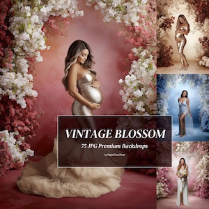 May include: A person in a gold sequined strapless gown poses in front of a pink backdrop with floral arrangements. The image is labelled "VINTAGE BLOSSOM" with "75 JPG Premium Backdrops" and the DigitalCareShop logo.