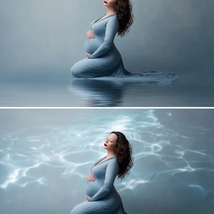 May include: A pregnant person kneels in a light blue gown with long sleeves, hands gently cradling the baby bump. The gown flows into the water, creating a serene and ethereal effect. The background is a soft, gradient blue, enhancing the tranquil mood.