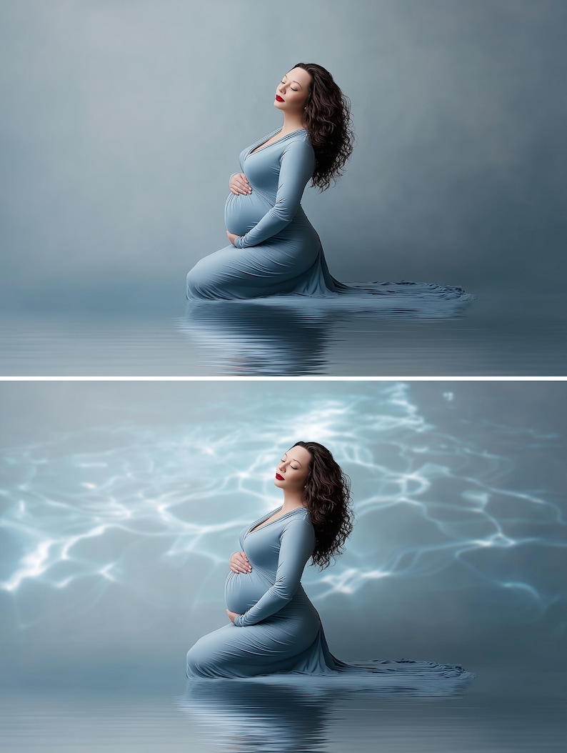 May include: A pregnant person kneels in a light blue gown with long sleeves, hands gently cradling the baby bump. The gown flows into the water, creating a serene and ethereal effect. The background is a soft, gradient blue, enhancing the tranquil mood.