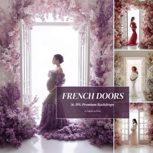36 Backlit French Doors Set Digital Backdrops White Wedding Maternity Backgrounds Backlight Floral Studio Backdro Doors for Photoshop JPG
