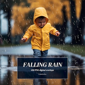 Op de afbeelding: Een kind in een gele regenjas loopt door een plas in de regen. De afbeelding is een digitale overlay voor foto's, met de tekst "Falling Rain 100 PNG digital overlays by DigitalCardShop".