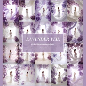 Könnte beinhalten: Eine Collage von Bildern, die eine schwangere Person in fließenden weißen Kleidern vor einem Hintergrund aus Lavendelblüten und drapiertem Stoff zeigen. Der Text "LAVENDER VEIL" und "40 JPG Premium Backdrops" ist zu sehen.