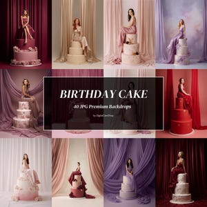 May include: A collage of images featuring elegant birthday cakes in various colors, with women in gowns posing on top. The cakes are multi-tiered and decorated with floral accents. The text "BIRTHDAY CAKE" and "40 JPG Premium Backdrops" is displayed.