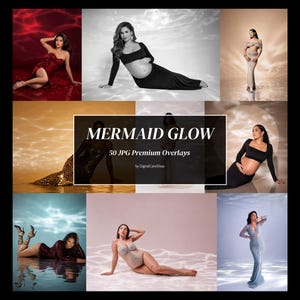 May include: A collection of 50 JPG digital photography overlays titled MERMAID GLOW by DigitalCareShop. The image displays various photographic scenes featuring individuals in diverse poses and outfits, all enhanced with light water-like effects.