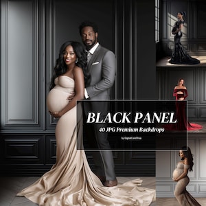 Può includere: Una coppia posa davanti a uno sfondo nero. La donna indossa un abito beige e l'uomo un abito grigio. L'immagine include foto aggiuntive di donne incinte in abiti. Il testo sull'immagine recita "BLACK PANEL 40 JPG Premium Backdrops."