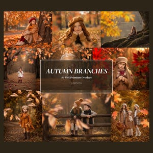 Könnte beinhalten: Eine digitale Sammlung von herbstlichen Foto-Overlays mit dem Titel AUTUMN BRANCHES 80 PNG Premium Overlays. Das Bild zeigt eine Collage von Kindern in Herbstkleidung, darunter Baskenmützen und Mäntel, vor einem Hintergrund aus orangefarbenem Laub.
