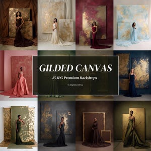 Pode incluir: Uma coleção de fundos de estúdio com o tema tela dourada. A imagem mostra vários fundos em cores como ouro, vermelho, azul e verde, com modelos usando vestidos elegantes. O texto diz "GILDED CANVAS" e "45 JPG Premium Backdrops".