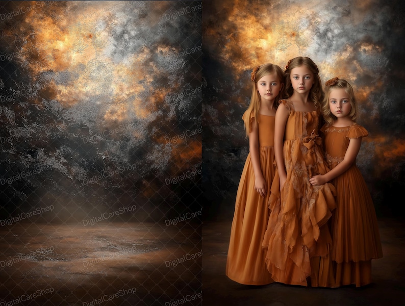 Puede incluir: Tres ni&ntilde;as peque&ntilde;as con vestidos largos y fluidos de color marr&oacute;n se paran frente a un fondo texturizado dorado y gris. Las ni&ntilde;as sonr&iacute;en y miran a la c&aacute;mara.