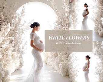 35 Backlight Flowers Set Digital Backdrops White Arches Maternity Backgrounds Backlit Floral Arch Studio Backdrops for Photoshop Composite