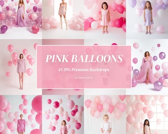 45 Pink Birthday Backdrops, Glam Balloon Backgrounds, Luxury Party Studio, JPG Bundle