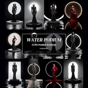 35 cyfrowych teł z czarnym podium wodnym i reflektorem, tło ciążowe na ciemnej scenie do Photoshopa, kompozytowe, białe, artystyczne podium w formacie JPG