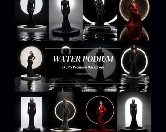 35 Black Water Podium Digital Backdrops with Spotlight Dark Stage Maternity Backdrop for Photoshop Composite White Fine Art Podium JPG