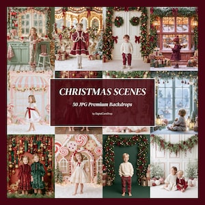 Puede incluir: Una colección de 50 escenas navideñas digitales en formato JPG que presentan varios fondos temáticos festivos con niños en atuendos navideños, interiores decorados, motivos de bastones de caramelo y vistas de ventanas invernales.