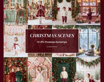 50 Christmas Scenes Digital Backdrops, Fir & Cozy Rooms, Winter Studio Backgrounds, Fine Art JPG