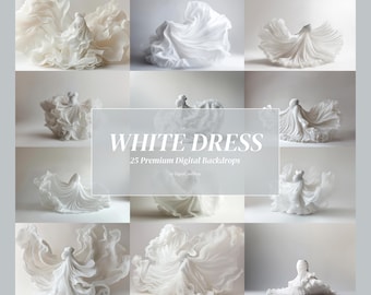 May include: A grid of twelve images displaying white dresses with flowing, layered fabric. The central text reads WHITE DRESS 25 Premium Digital Backdrops by DigitalCareShop. Each image shows a different pose of the white fabric against a plain background.