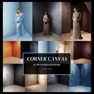 Può includere: Una collezione di 65 sfondi digitali ad angolo con vari colori solidi e strutturati, tra cui blu, marrone, grigio e nero. L'immagine mostra il testo CORNER CANVAS 65 JPG Premium Backdrops by DigitalCareShop.