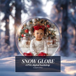 4 Sfondi digitali per globo di neve natalizio, sfondo digitale per foresta invernale, fotografia di Natale magico, sfondo natalizio, globo di neve PNG JPG