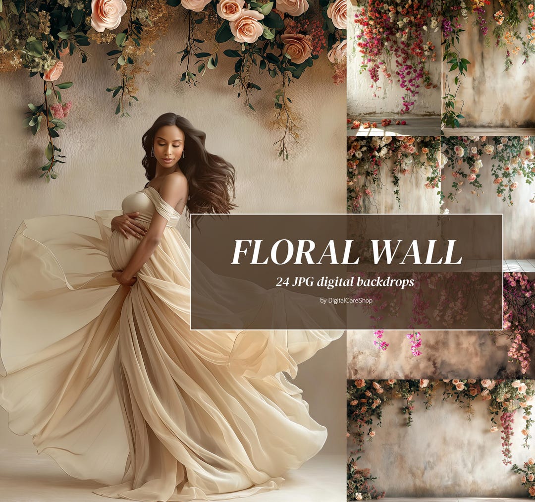 24 FLORAL BACKDROPS Maternity Background Digital Flowers Wall Overlay ...