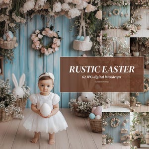 Pode incluir: Uma menina pequena com um vestido branco segura um ovo branco na frente de um cenário rústico de Páscoa. O cenário apresenta uma parede de madeira azul com flores brancas e vegetação. O texto "RUSTIC EASTER 62 JPG digital backdrops by DigitalCardShop" é exibido no cenário.