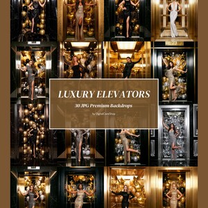 Op de afbeelding: Een collectie van 30 digitale achtergronden met luxe liftinterieurs versierd met metallic ballonnen. De centrale tekst luidt LUXURY ELEVATORS, 30 JPG Premium Backdrops, by DigitalCareShop. Elke scène toont een formele avondjurk.