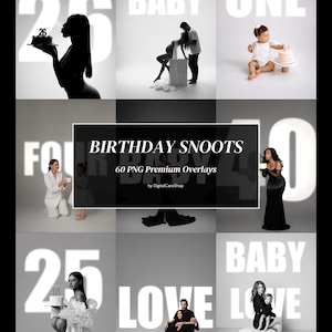 Może przedstawiać: Kolekcja 60 cyfrowych nakładek PNG zatytułowana BIRTHDAY SNOOTS od DigitalCareShop, przedstawiająca różne kompozycje fotograficzne ludzi i dzieci z dużymi wyświetlanymi tłami tekstowymi, w tym liczbami i słowami takimi jak BABY i LOVE.