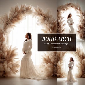 Puede incluir: Una persona embarazada con un vestido blanco posa frente a un arco bohemio hecho de hierba de la pampa seca. La imagen incluye el texto "BOHO ARCH" y "55 JPG Premium Backdrops". El telón de fondo está diseñado por DigitalCareShop.