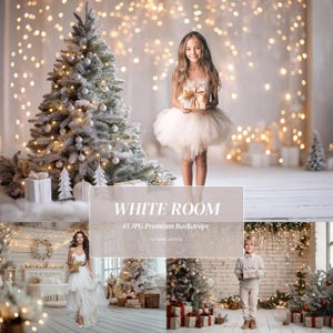 Puede incluir: Imagen compuesta con temática navideña. Una niña con un vestido de tutú blanco sostiene un regalo. Un árbol de Navidad decorado con luces y adornos está en el fondo. El texto "WHITE ROOM" y "45 JPG Premium Backdrops" es visible.