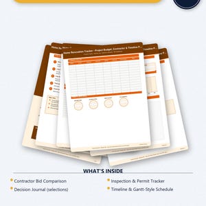 May include: A bundle of printable home renovation tracker templates. The title "THE HOME RENOVATION TRACKER BUNDLE" is displayed in a yellow banner. The templates include a project budget, contractor comparison, and timeline. The text "WHAT'S INSIDE" is also visible.