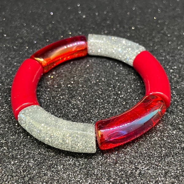 Bracelet Jonc Élastique Grandes Perles Acryliques Bordeaux/Rouge Transparent et Glitter Argenté