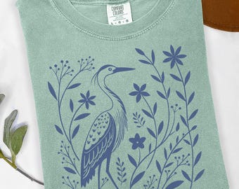 Heron Shirt, Botanical Bird Graphic Tee, Nature Lover Shirt, Blue Heron Tee, Minimalist Wildlife Art Shirt, Women's Comfort Colors T-Shirt