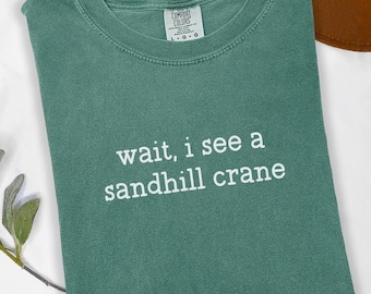May include: A light green short-sleeve t-shirt with a crew neckline. The shirt features the white text "wait, i see a sandhill crane" printed in the center. The interior neck label reads "Comfort Colors" and indicates a size large.