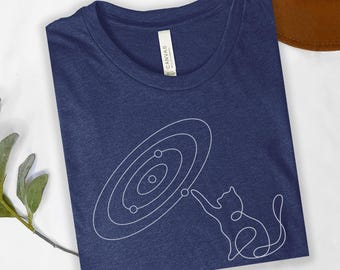 Minimalist Cat Solar System Line Art Shirt, Space Graphic Tee for Adults & Kids, Astronomy Cat Lover Tee, Simple Space Shirt Gift
