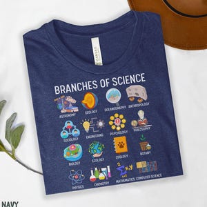 May include: Heather navy t-shirt with the text "BRANCHES OF SCIENCE" and illustrations representing different scientific fields, including astronomy, biology, and chemistry. The shirt is folded and displayed on a white surface.