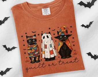 Quilt Or Treat Halloween Cat Comfort Colors Tee, Quilter Gift, Patchwork Cat Halloween Shirt, Spooky Quilting Lover Tee, Fall Craft Shirt