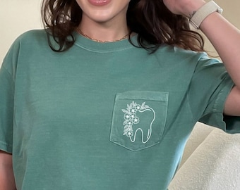Comfort Colors Floral Tooth Pocket Shirt, Dental Assistant Pocket TShirt, Dental Hygiene Gifts, Dentistry School Grad Shirts, Dentist Shirt