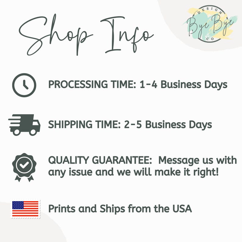 Pu&ograve; includere: Sfondo bianco con la scritta "Shop Info" in corsivo. L'immagine include icone e testo che descrivono i tempi di elaborazione, i tempi di spedizione e una garanzia di qualit&agrave;. &Egrave; presente anche la bandiera americana, con la scritta "Prints and Ships from the USA."