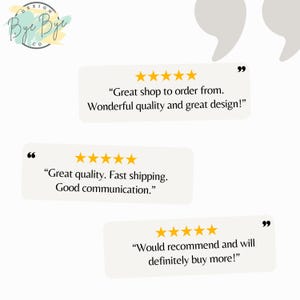 May include: A graphic display featuring the Bye Bye Co. logo and three customer reviews, each accompanied by five yellow stars. The text includes: Great shop to order from. Wonderful quality and great design! Great quality. Fast shipping. Good communication. Would recommend and will definitely buy more!