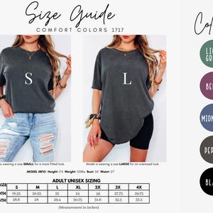 May include: Size chart for a unisex t-shirt with measurements in inches. The chart shows the width and length of the shirt in sizes S, M, L, XL, 2X, 3X, and 4X. The chart also includes the text "Comfort Colors 1717".