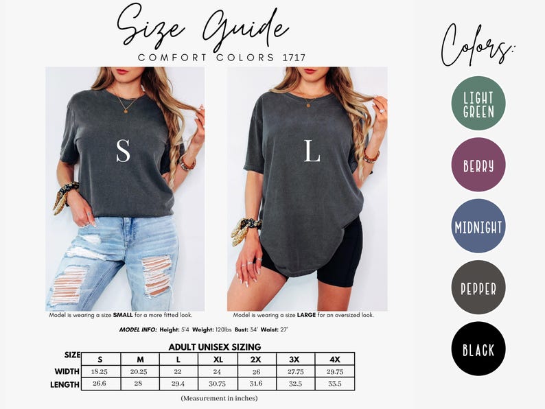 May include: Size chart for a unisex t-shirt with measurements in inches. The chart shows the width and length of the shirt in sizes S, M, L, XL, 2X, 3X, and 4X. The chart also includes the text "Comfort Colors 1717".